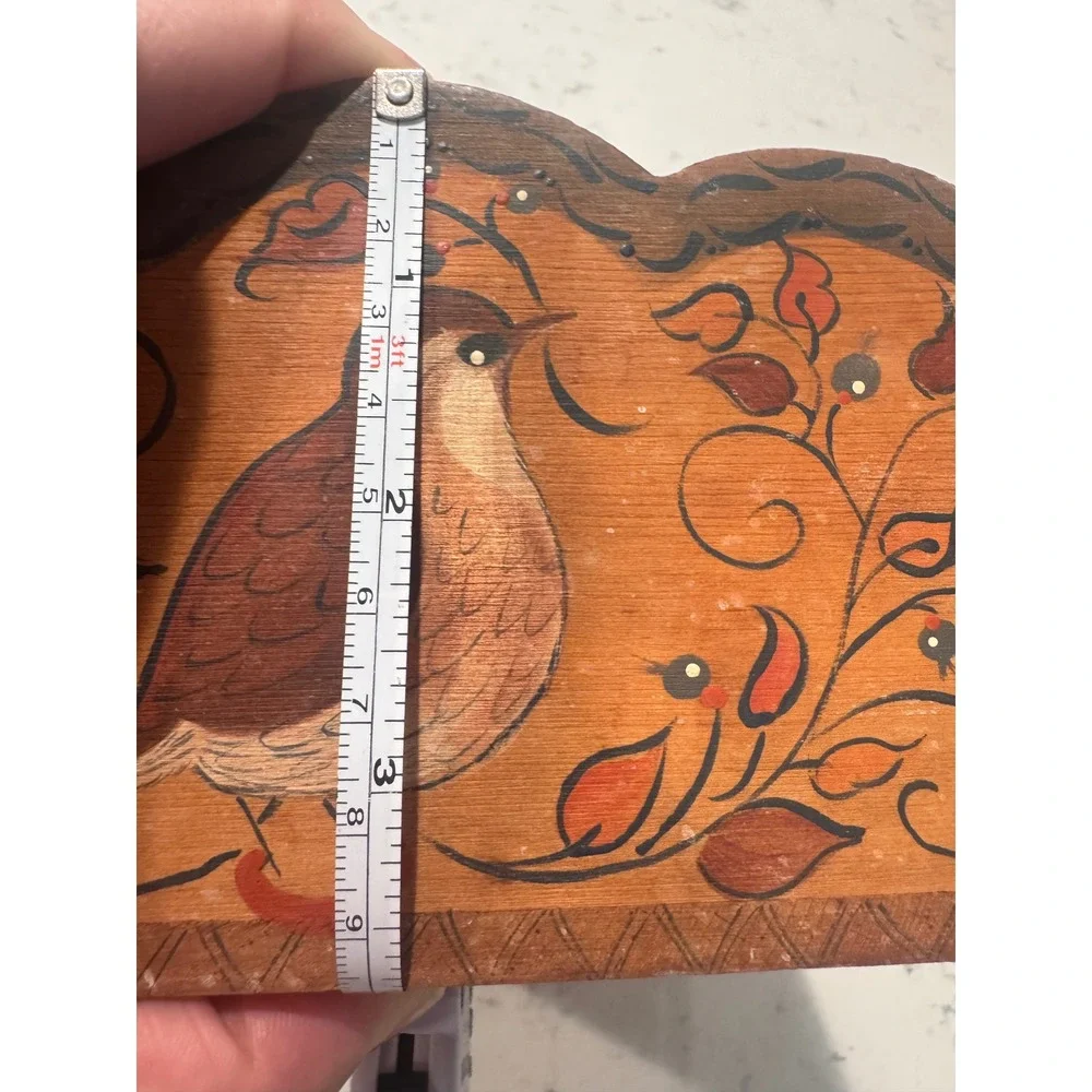 Vintage Folk Art Hand Painted Wooden Caddy Bird Floral Scalloped Tool Box Box